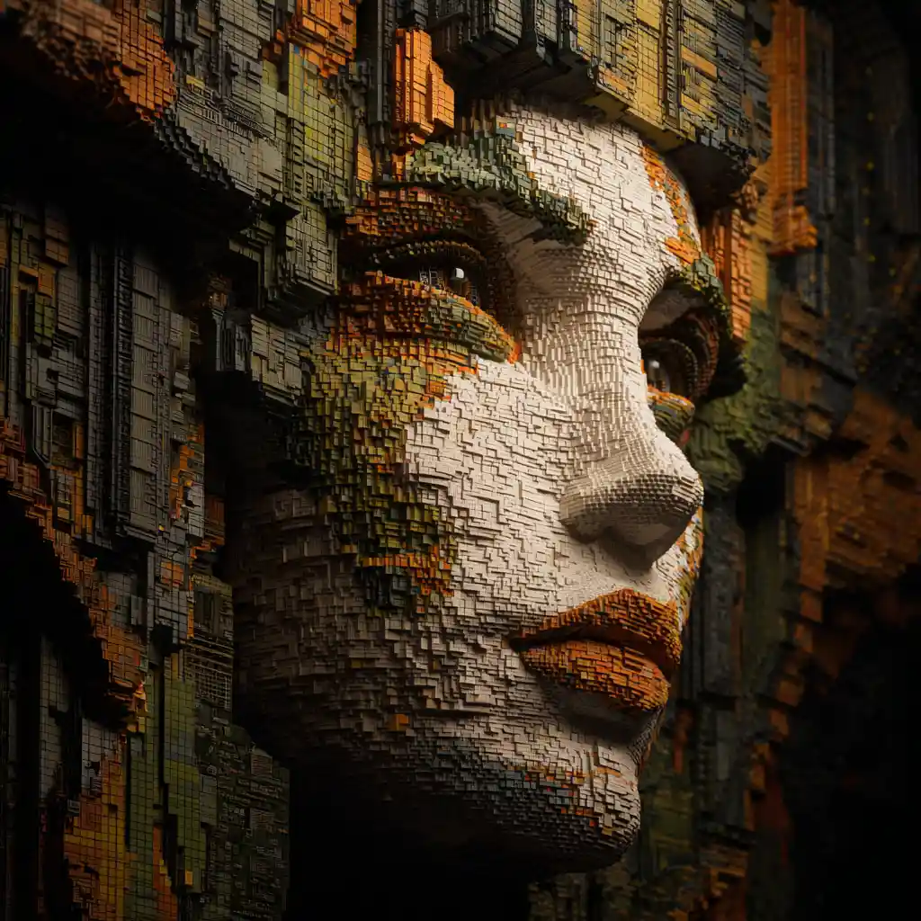 Rosto feminino surreal formado por milhares de minúsculos cubos