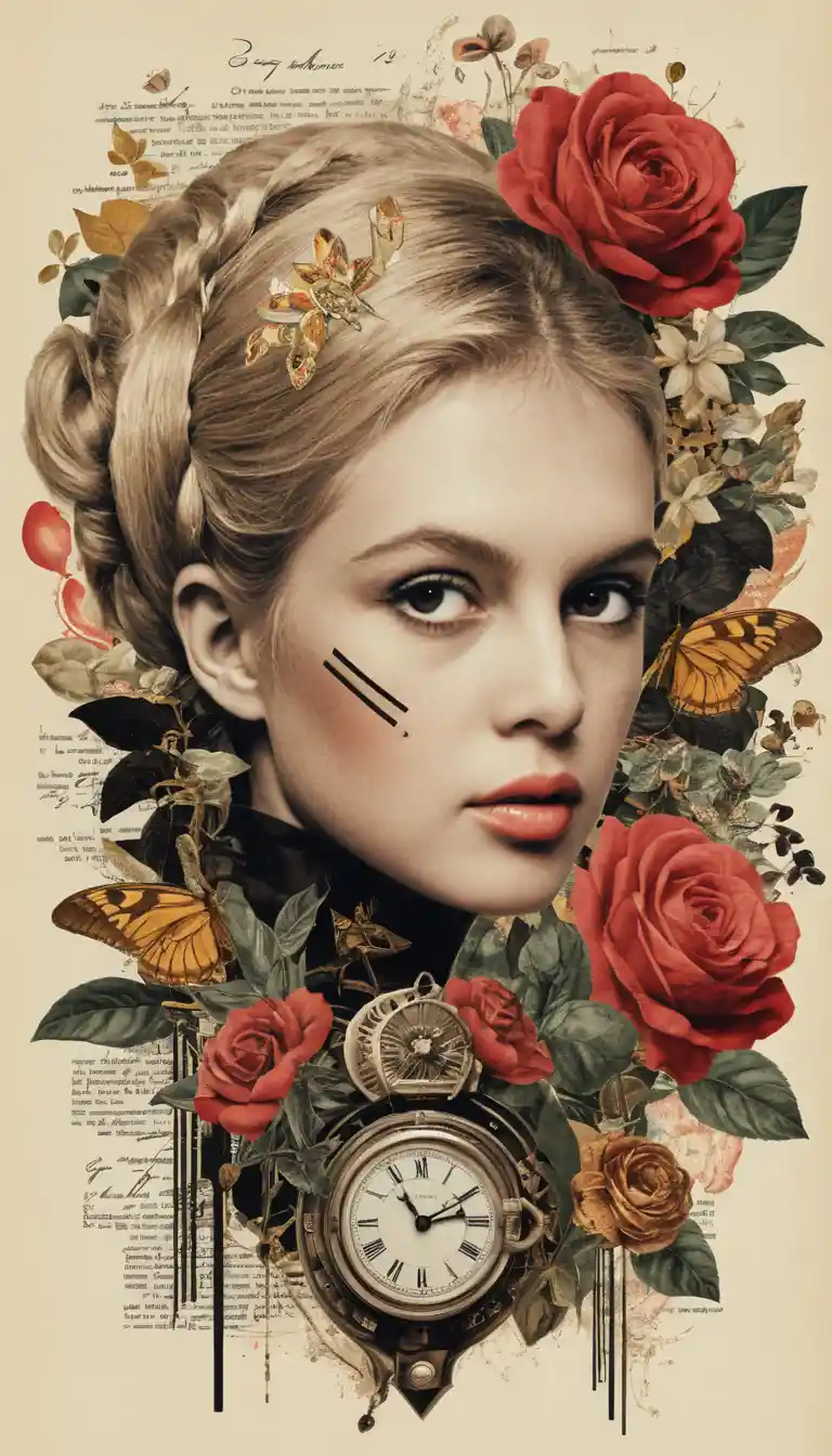 Colagem vintage surreal com coração anatômico e relógio derretendo