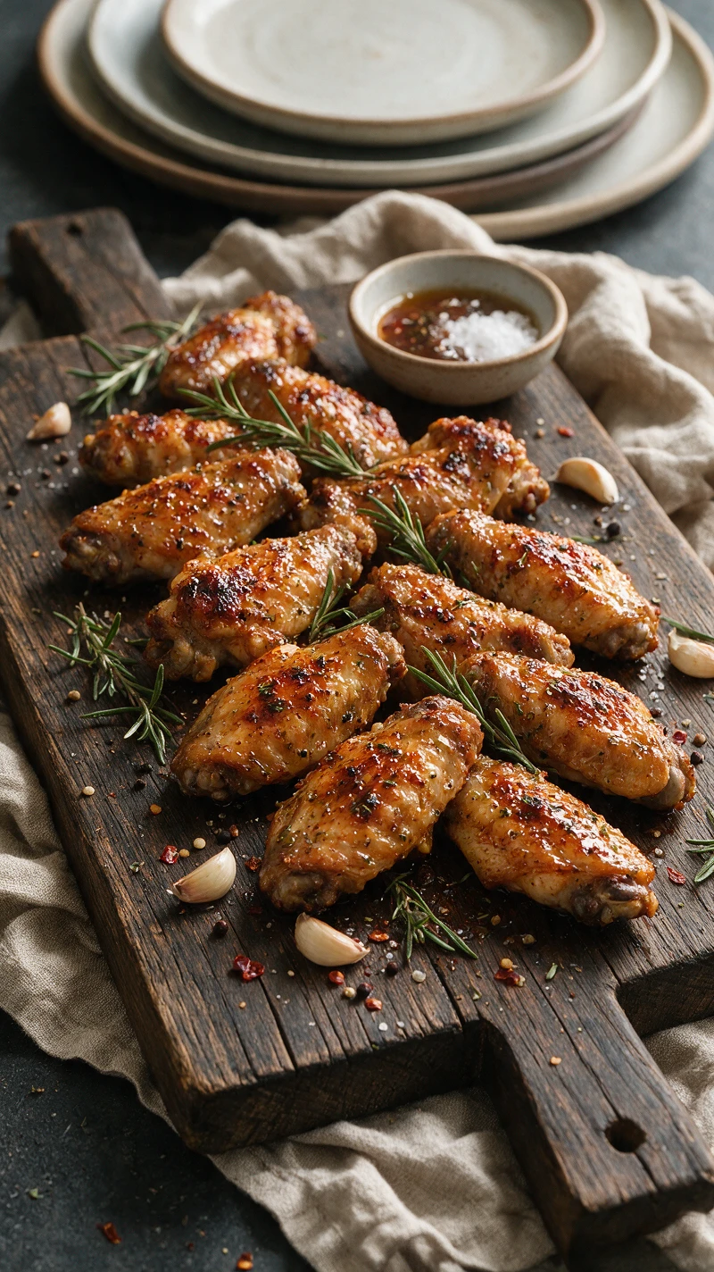Asas de frango glaceadas em madeira rústica com ervas e molhos