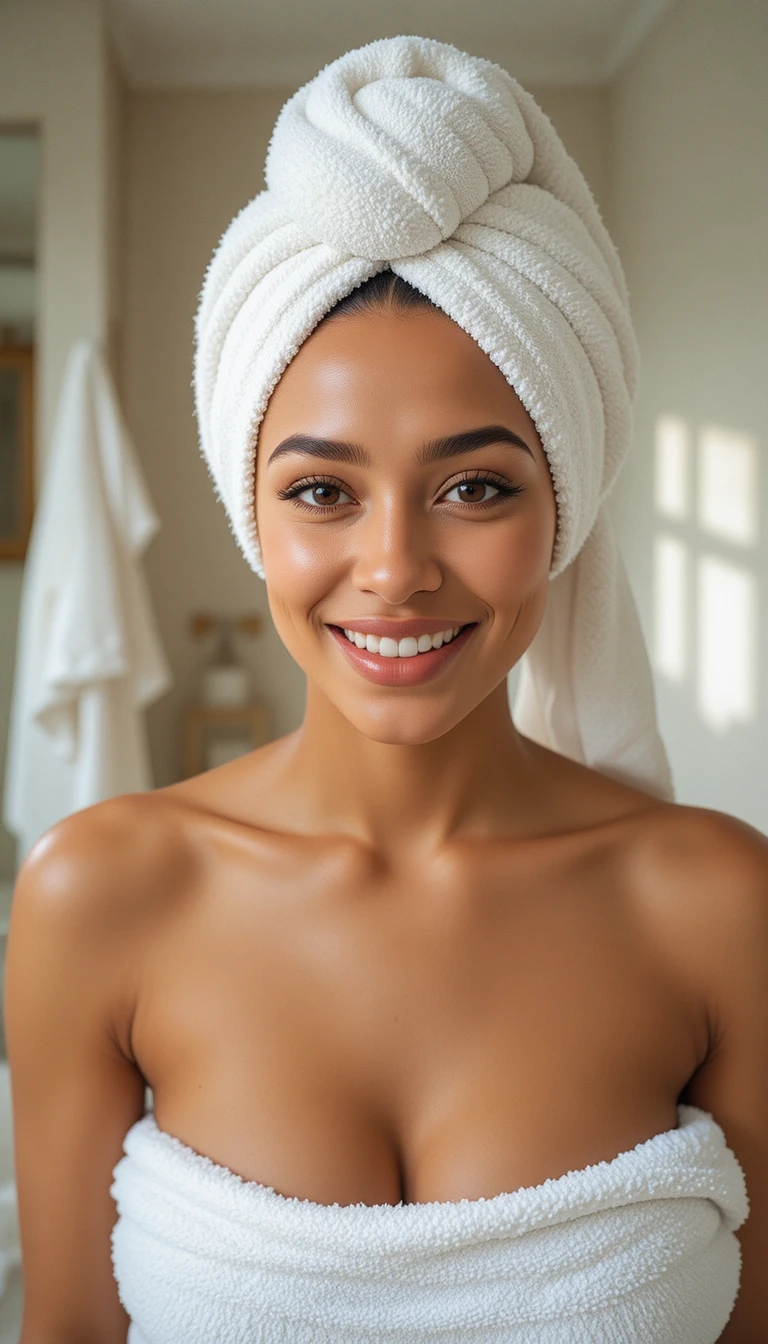 Mulher sorridente com toalha branca em um banheiro iluminado