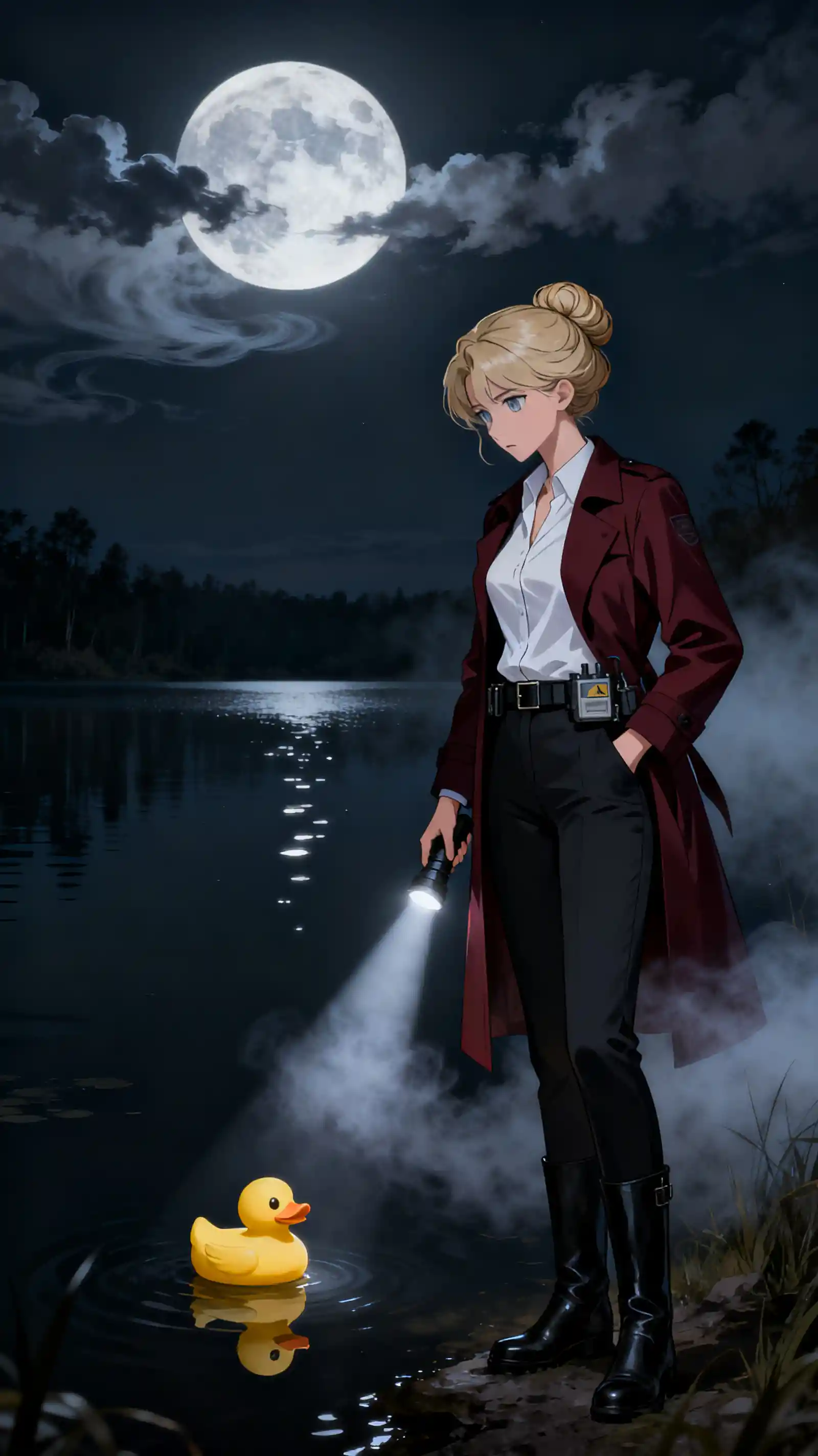 Female detective by a moonlit lake with a rubber duck