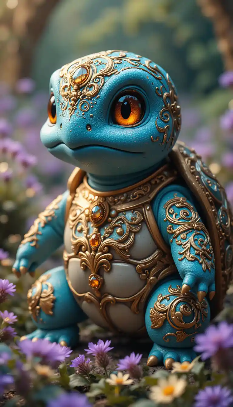 Majestätische cyanfarbene Fantasie-Schildkröte mit goldenem Filigran im Garten