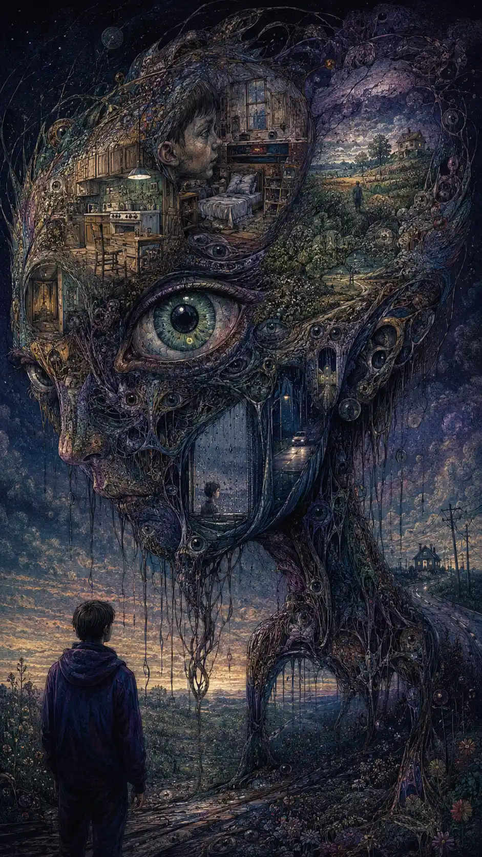 Criatura surreal de recuerdos que fluyen en un interior silencioso