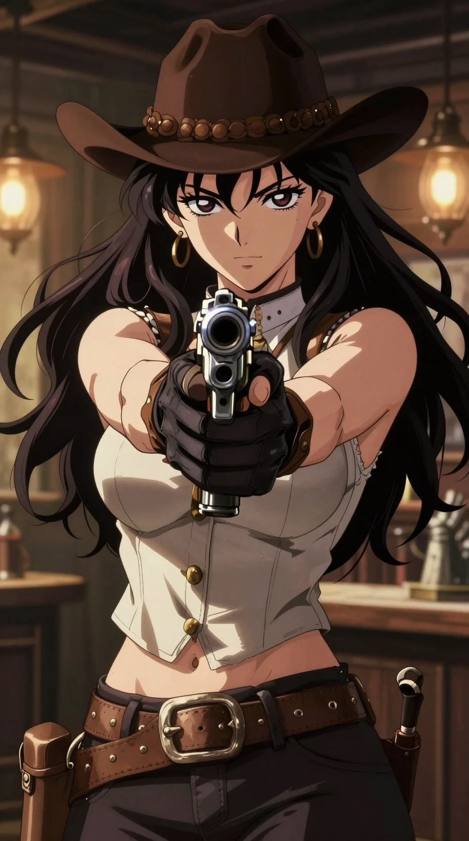 Cowgirl d’anime visant avec un revolver dans un portrait de saloon
