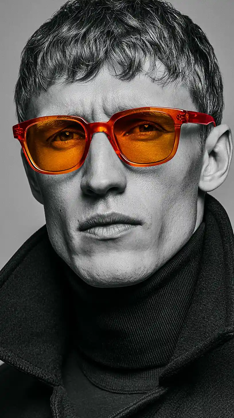 Retrato de moda monocromático com foco em óculos de sol laranja