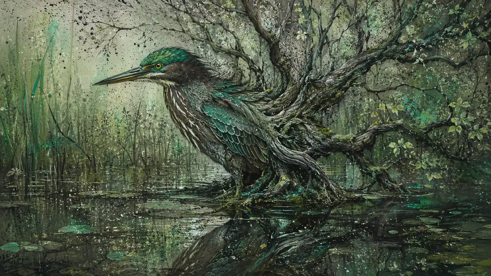 Garça-verde surreal se fundindo perfeitamente a árvore de pântano