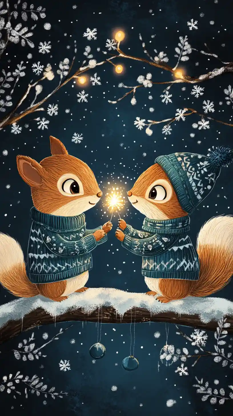 Romantic cartoon squirrels kissing on a snowy forest branch
