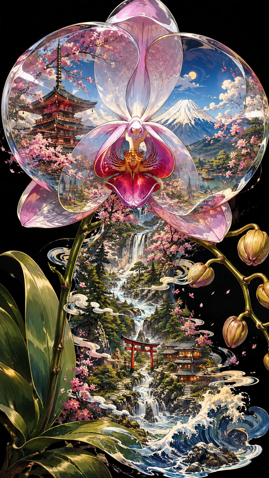 Pintura de paisaje japonés fluyendo desde una orquídea transparente