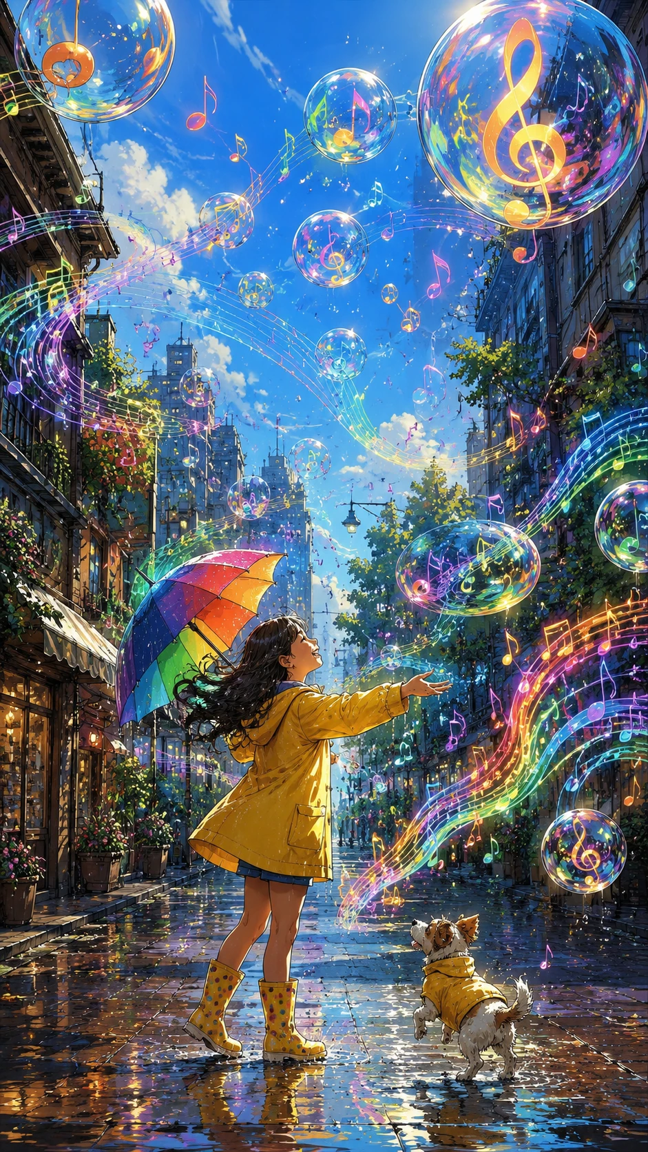 Notas musicais coloridas flutuando como esferas na chuva