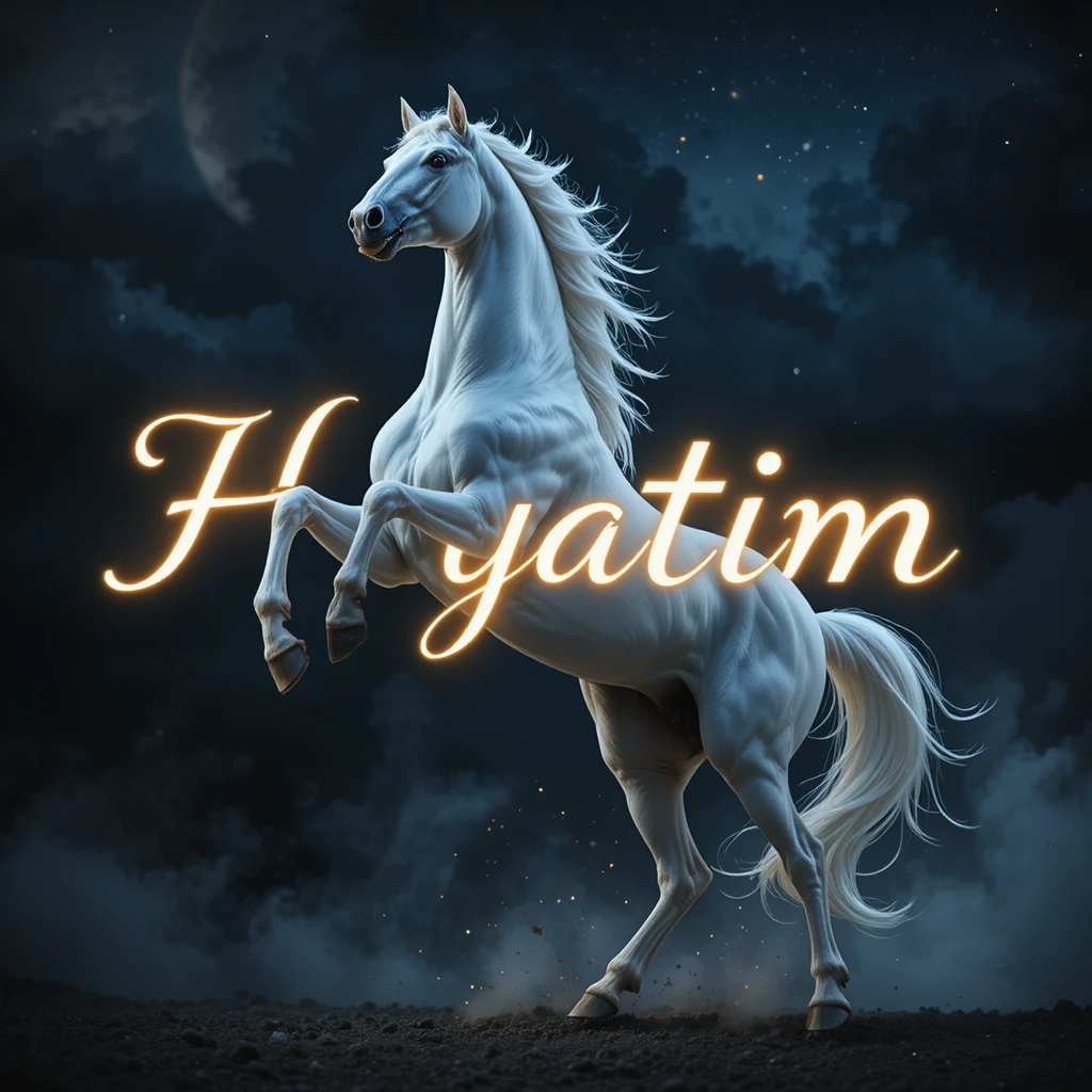 달빛 아래 터키어 단어 Hayatım 앞에서 포효하며 일어서는 백마
