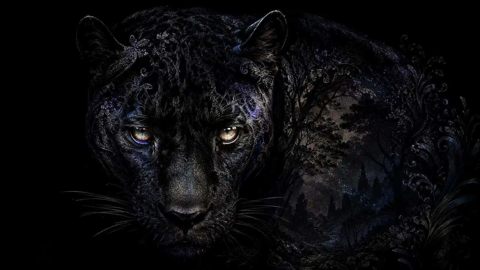 Portrait de panthère noire émergeant de l’obscurité aux yeux luminescents