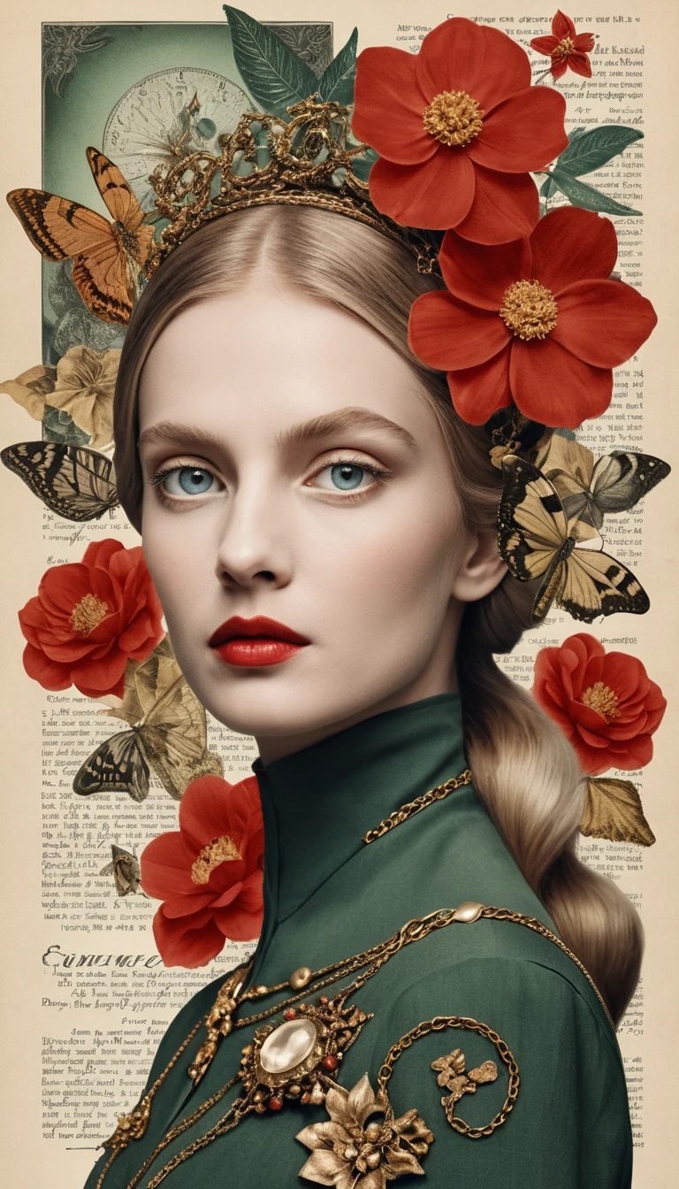 Colagem vintage surreal com coração anatômico e fundo floral