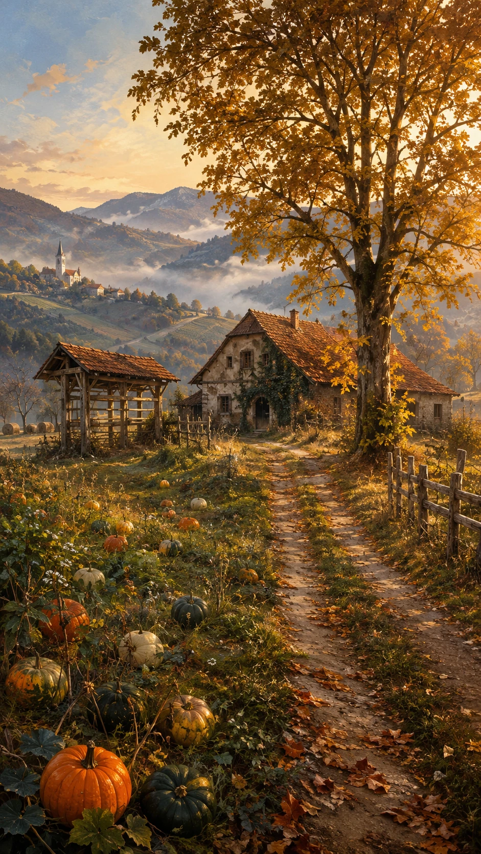 Campo de abóboras de outono no interior da Eslovênia ao pôr do sol