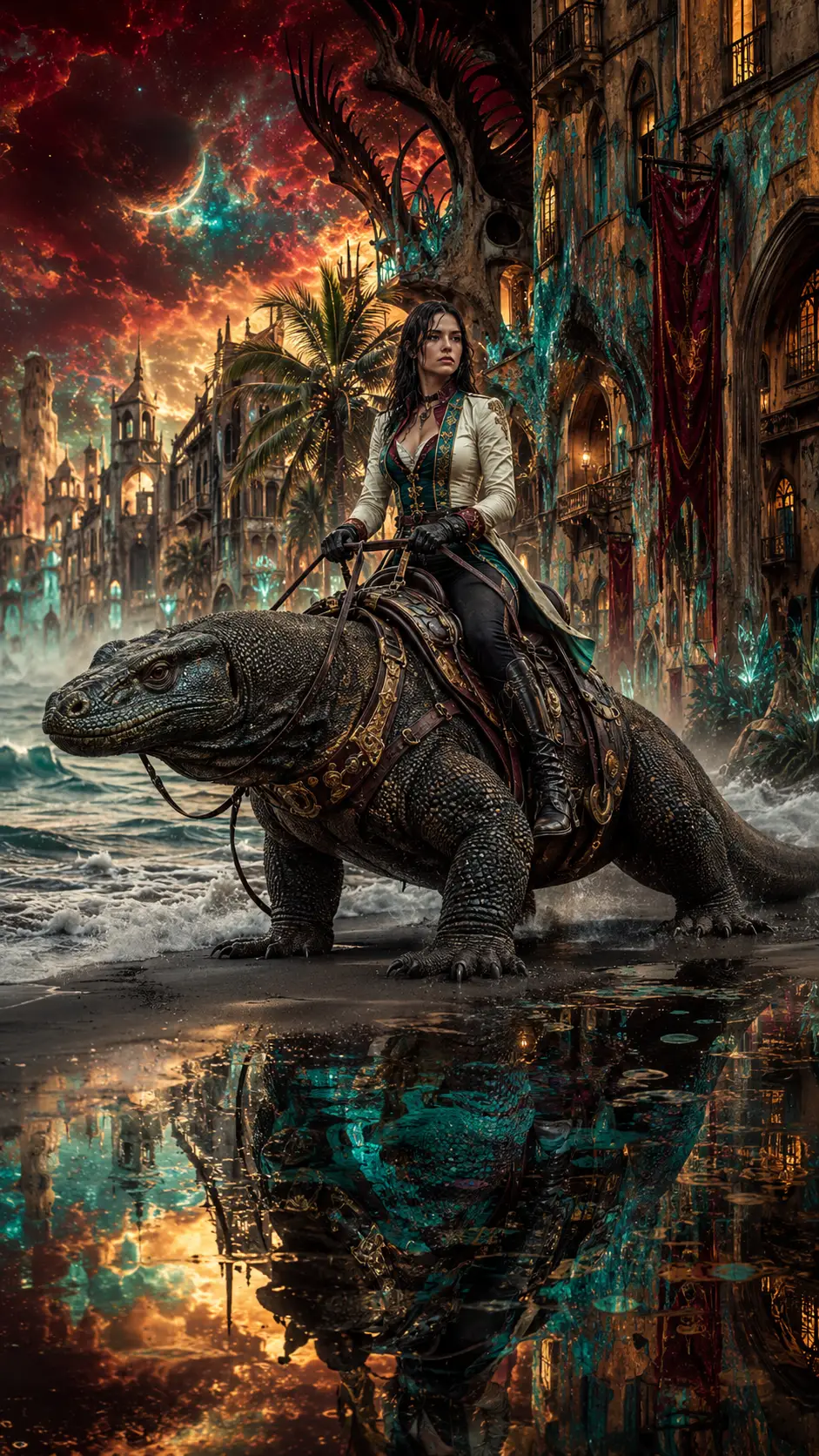 Woman riding a giant dragon on a surreal shoreline