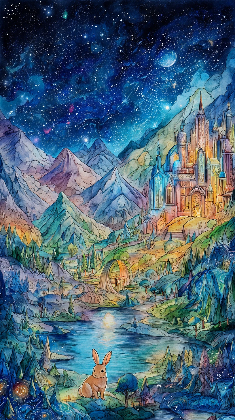 Coelho alegre em uma paisagem noturna de fantasia luminosa
