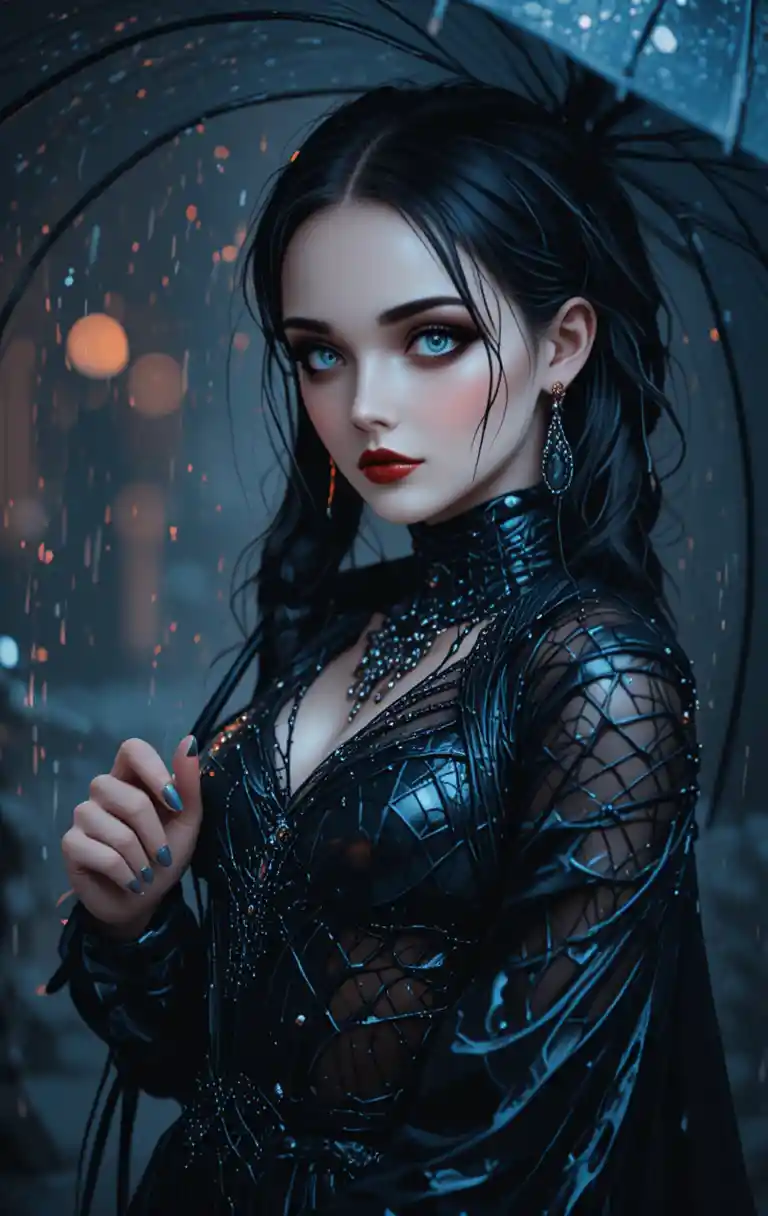 Mulher-aranha gótica com guarda-chuva na chuva