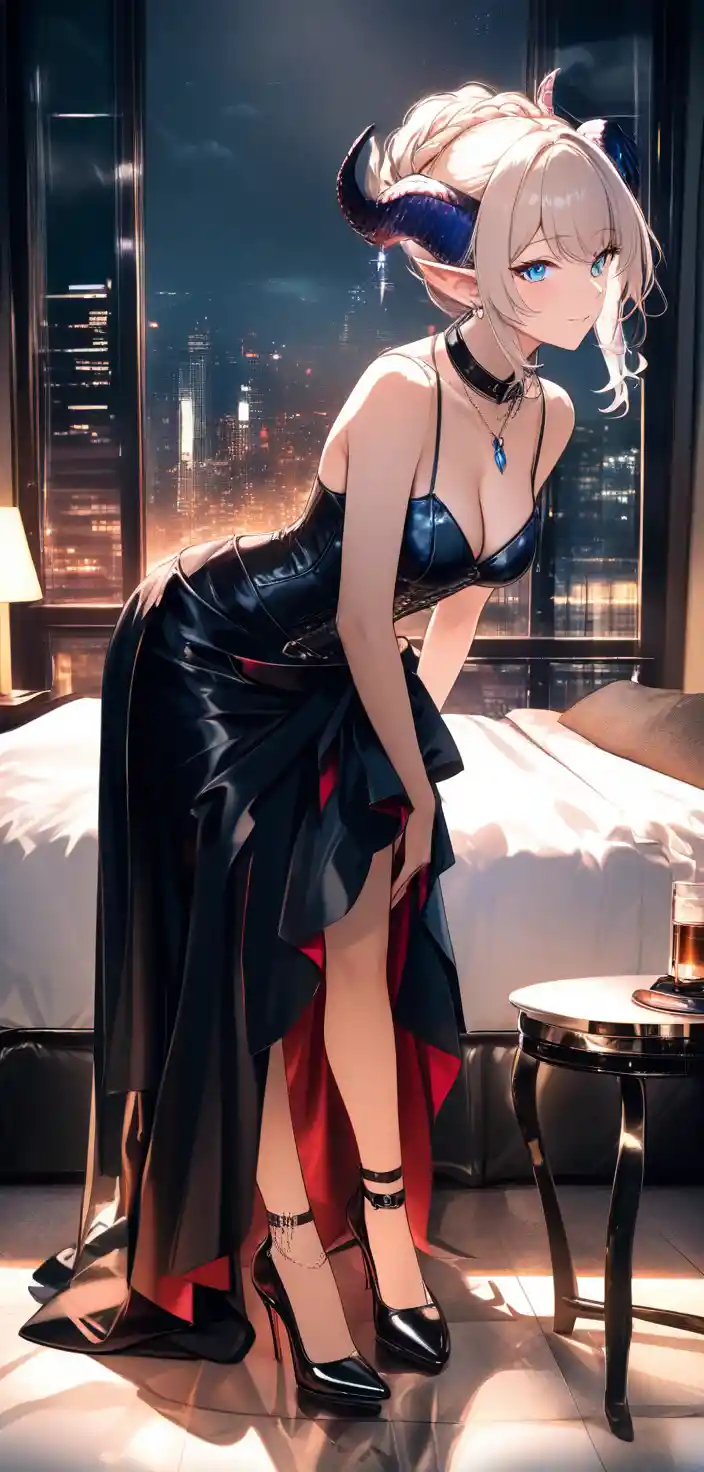 Elegant tiefling woman posing in a modern hotel suite
