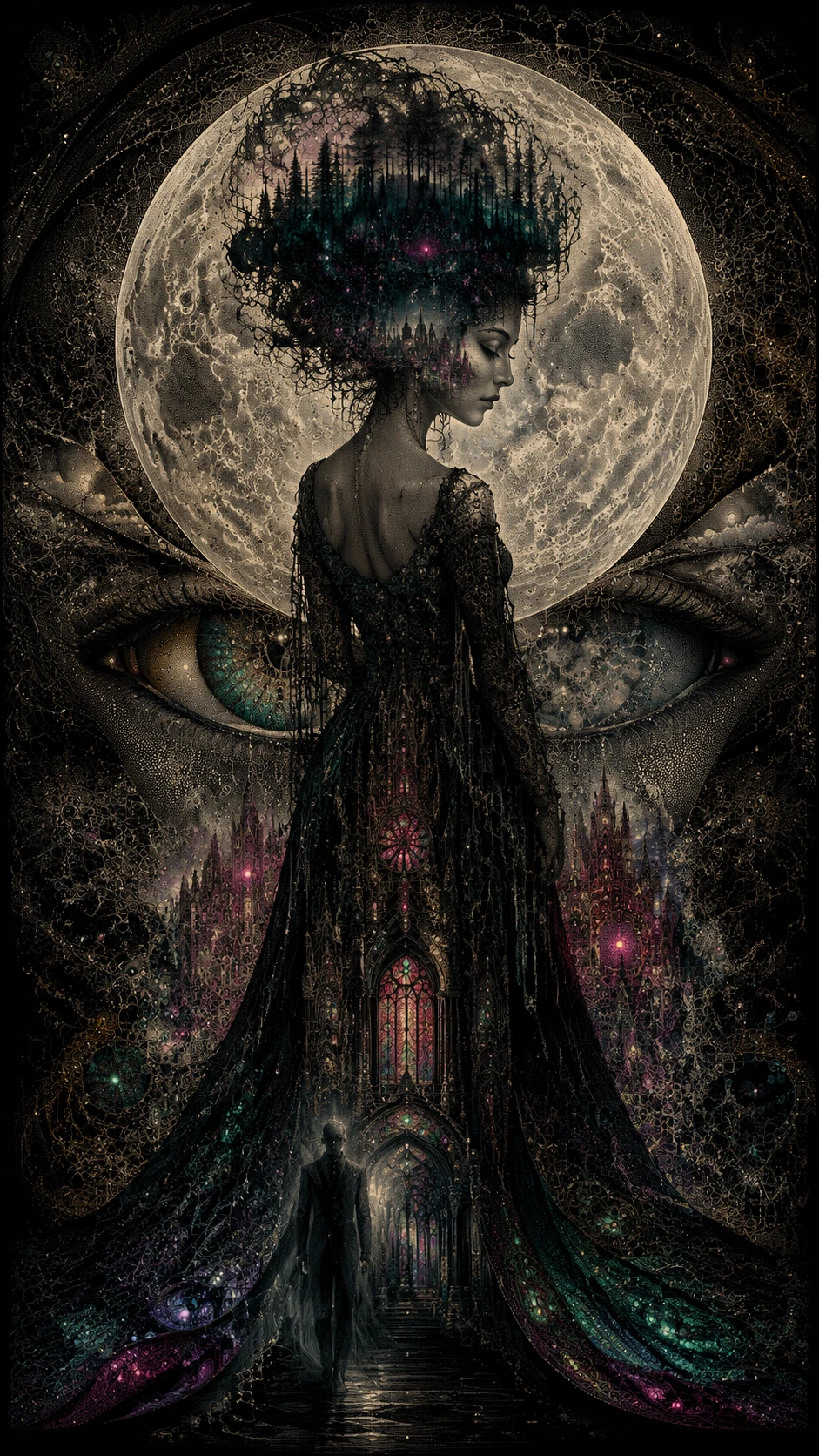 Femme gothique sous une lune colossale aux mondes cachés
