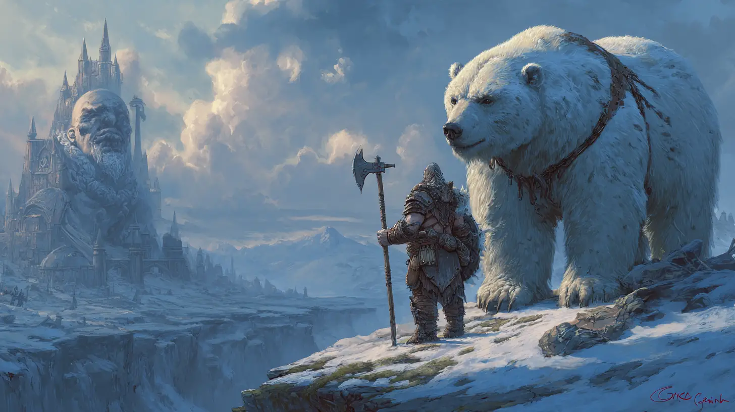 Barbarian Warrior And White War Bear On Northern Cliff