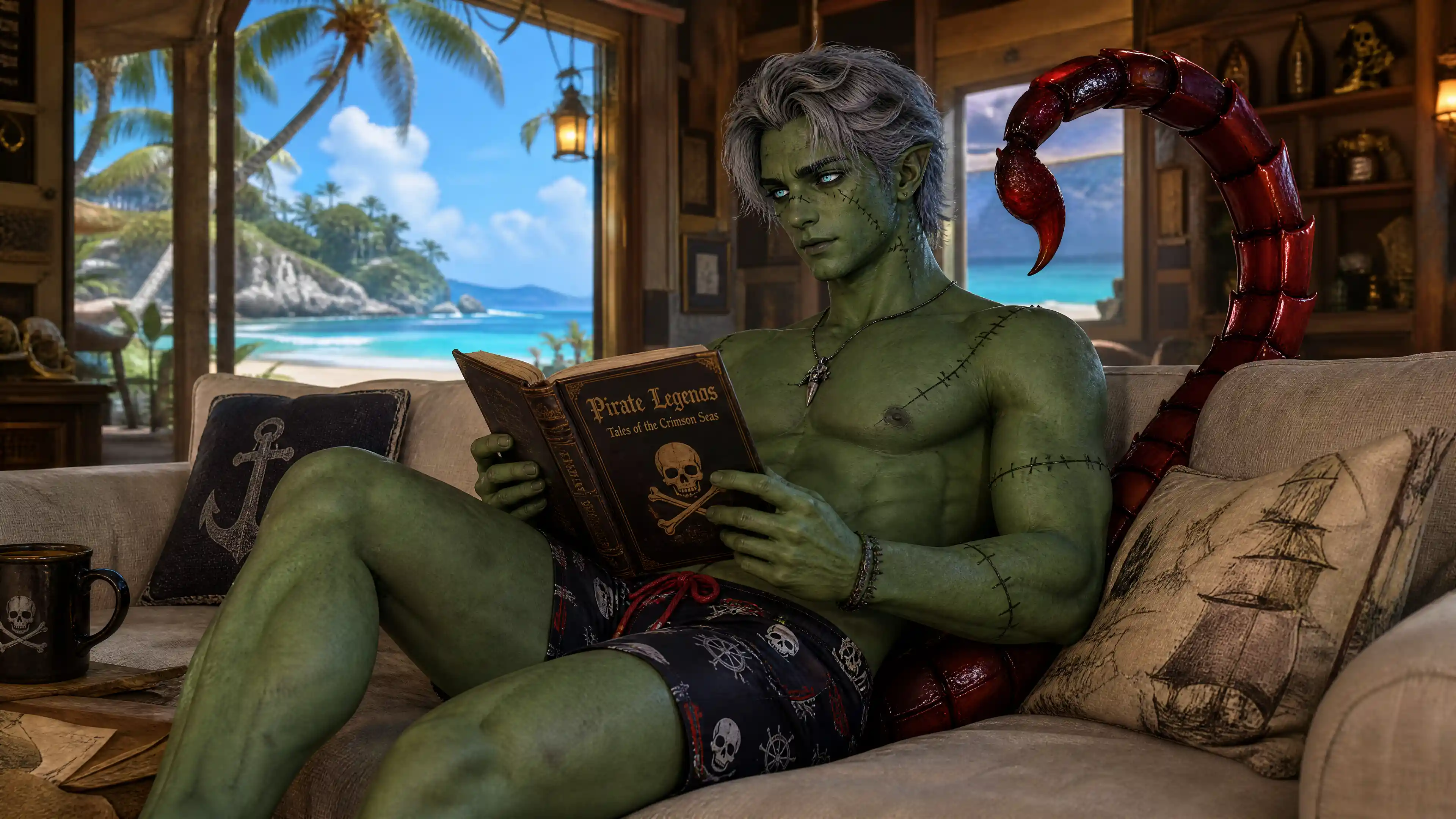 Fantasma verde lendo um livro de piratas em cabana de praia