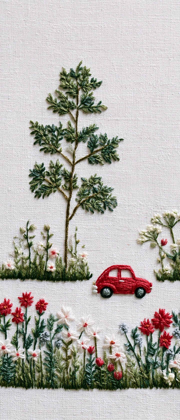 Carro vermelho minimalista bordado com árvore e flores
