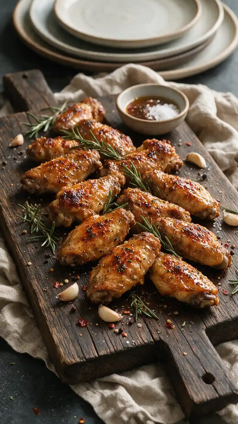 Asas de frango glaceadas em madeira rústica com ervas e molhos
