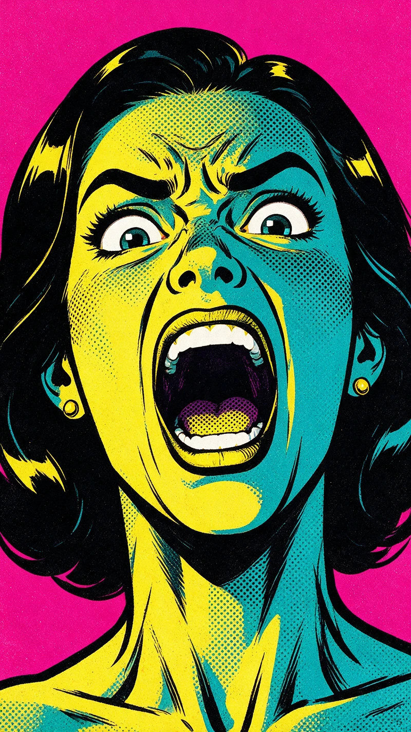 Retrato pop art em close de uma mulher gritando