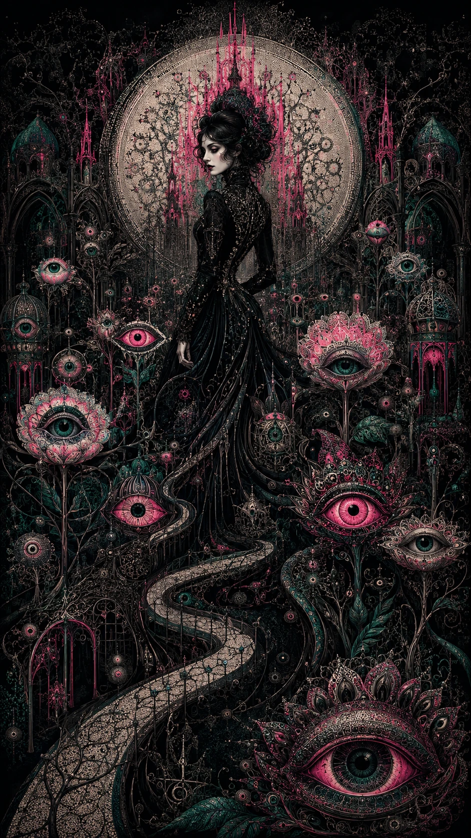 Mulher gótica em um jardim surreal repleto de olhos
