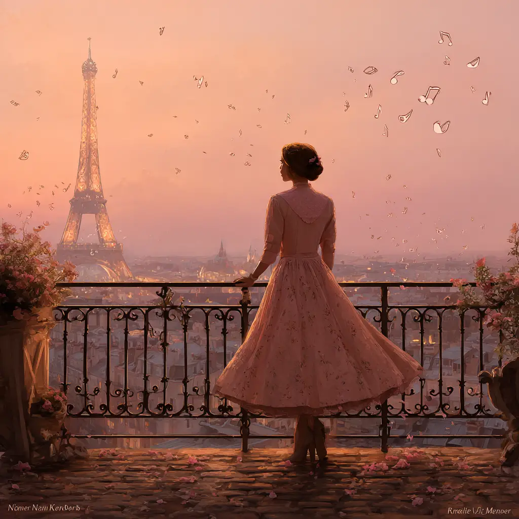 Elegante donna vintage su balcone parigino al tramonto