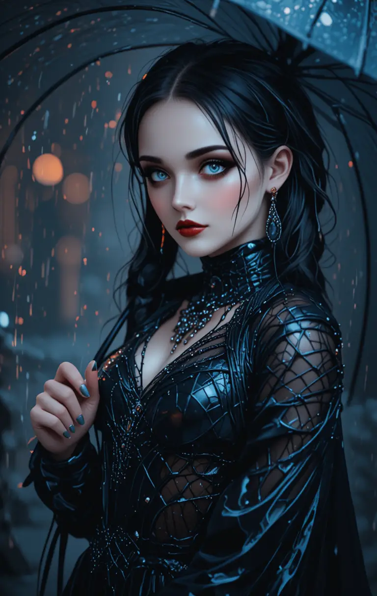 Gothic spider woman with umbrella in the rain