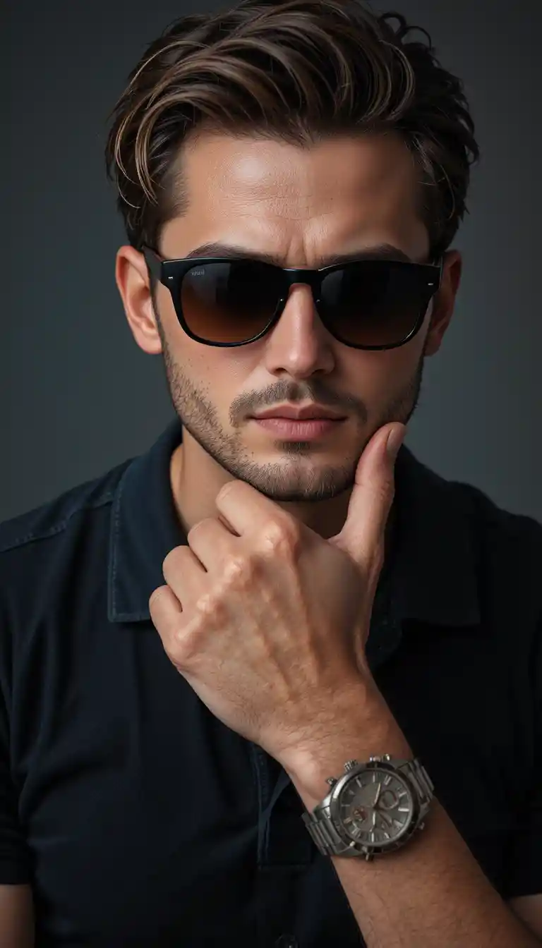 Selbstbewusstes Männerporträt mit Sonnenbrille und schwarzem Poloshirt