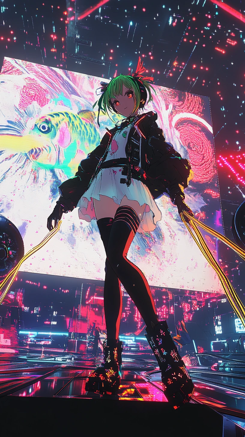 Anime-Mädchen singt auf einer futuristischen Konzertbühne