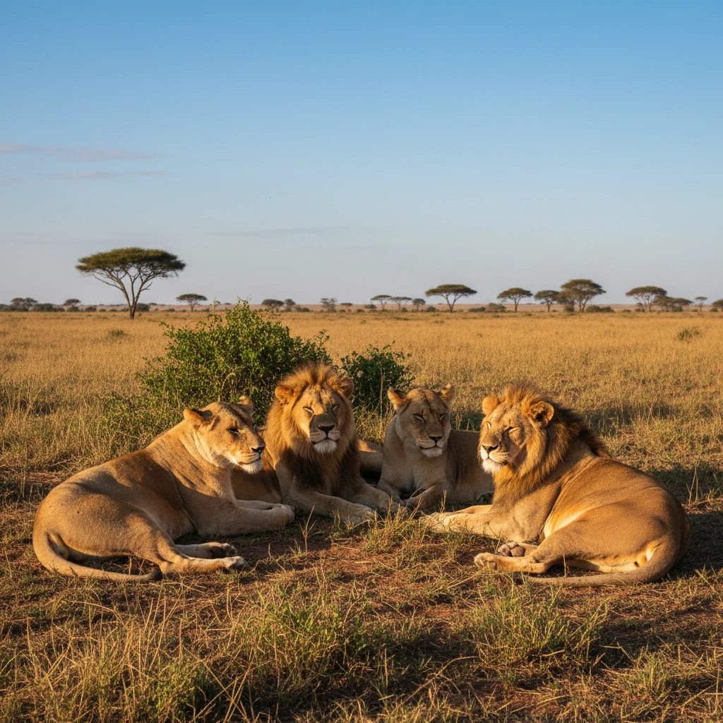 Löwen ruhen gemeinsam im warmen goldenen Savannenlicht