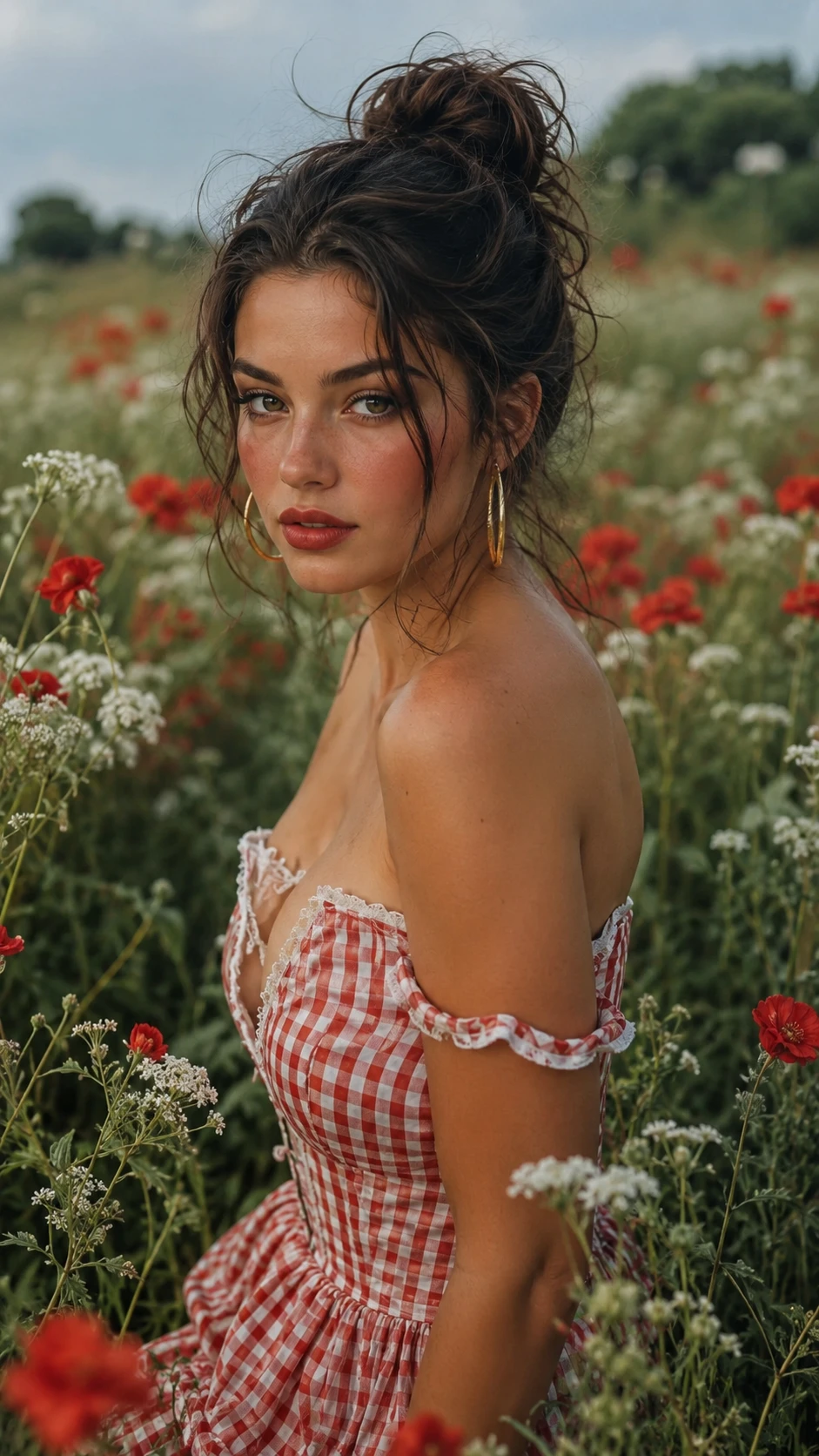 Ritratto fashion di giovane donna in un campo di fiori selvatici