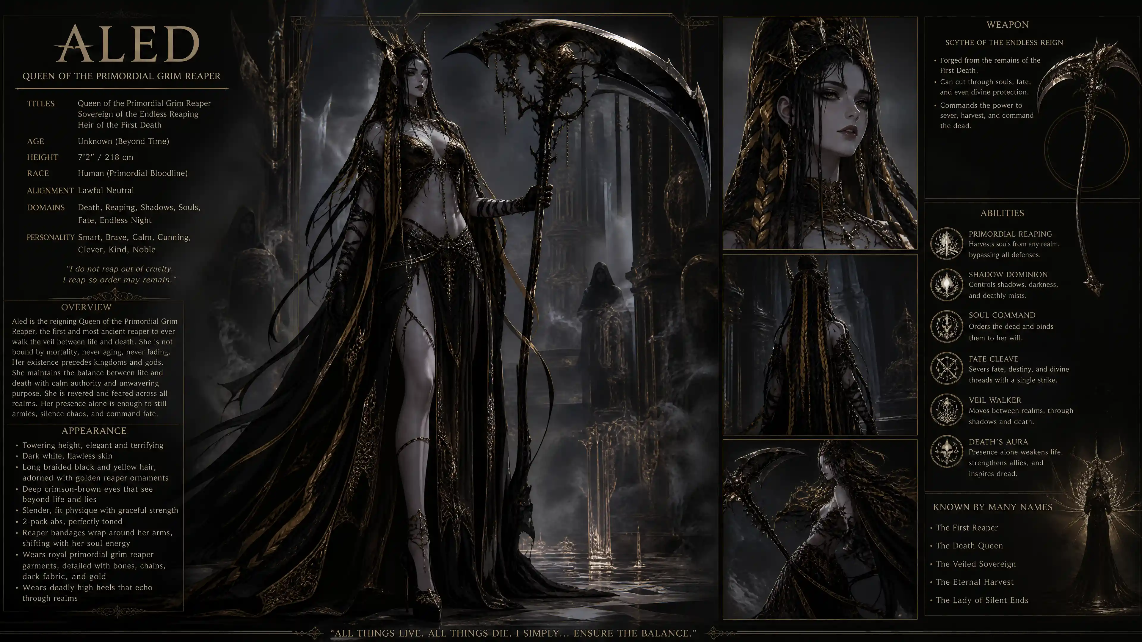 Tall primordial reaper queen with braided hair and scythe