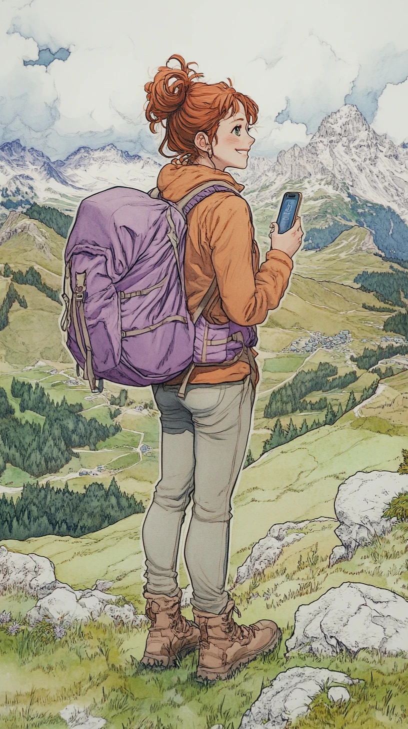 Tímida chica senderista de anime sonriendo en un prado de montaña austríaco