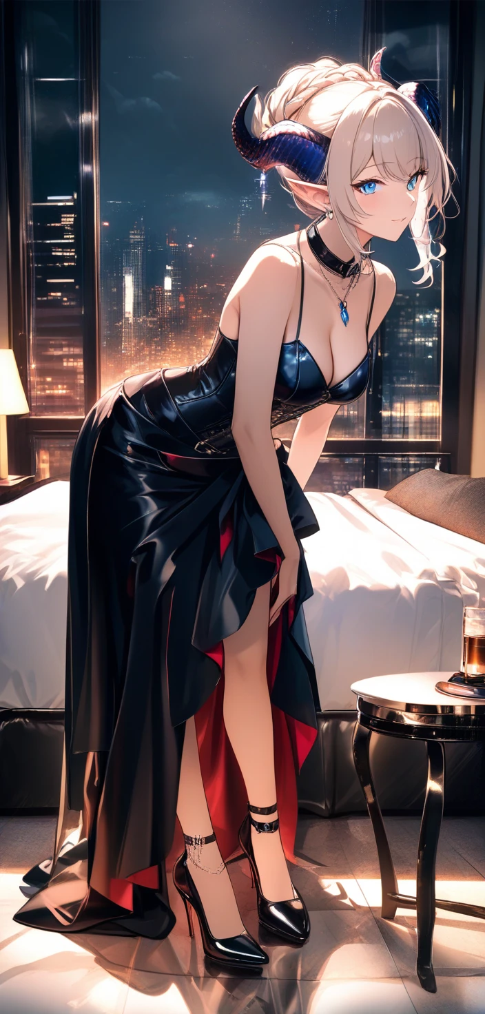 Elegant tiefling woman posing in a modern hotel suite
