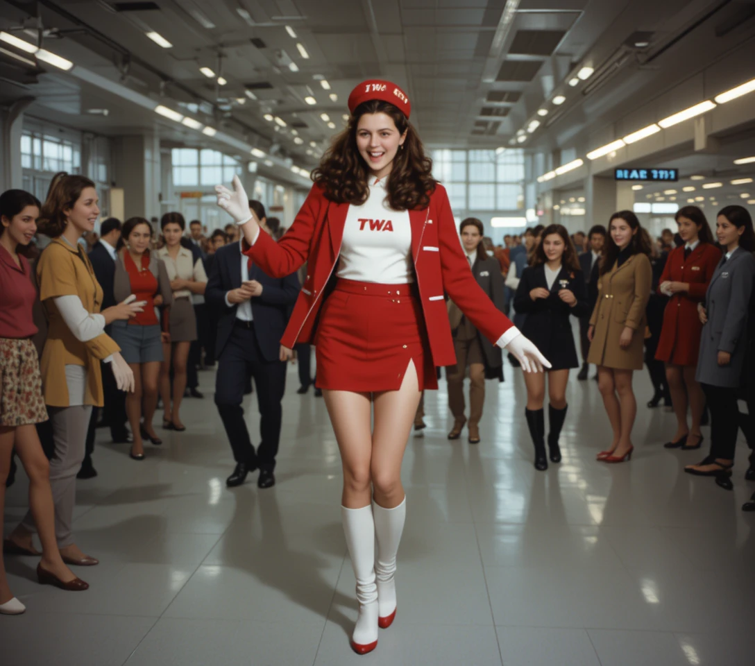 Vintage TWA stewardess dancing in a busy airport terminal