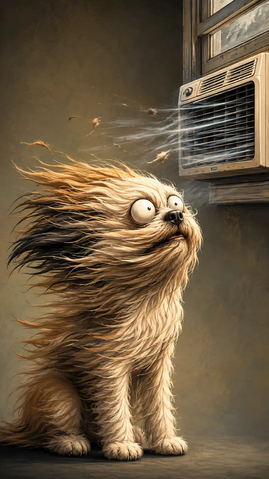 Long haired dog blasted by powerful air conditioner wind