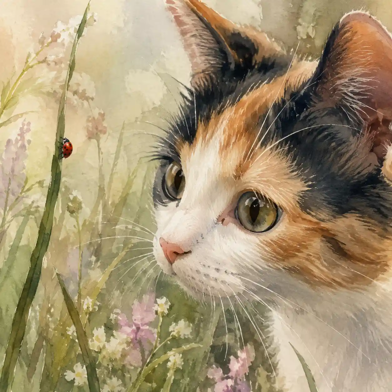 Aquarela em close de um gato malhado observando uma joaninha