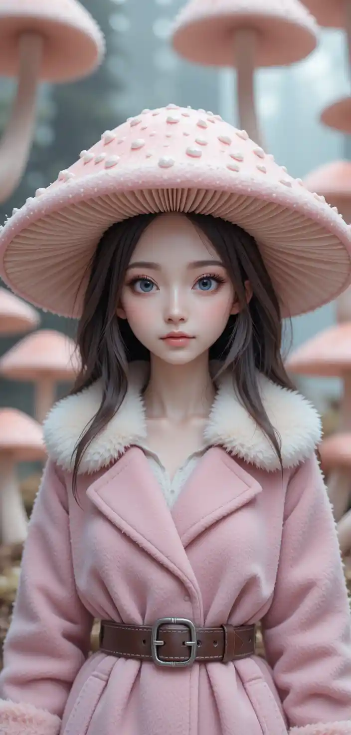 핑크 아마니타 모자를 쓴 요정 같은 버섯 소녀