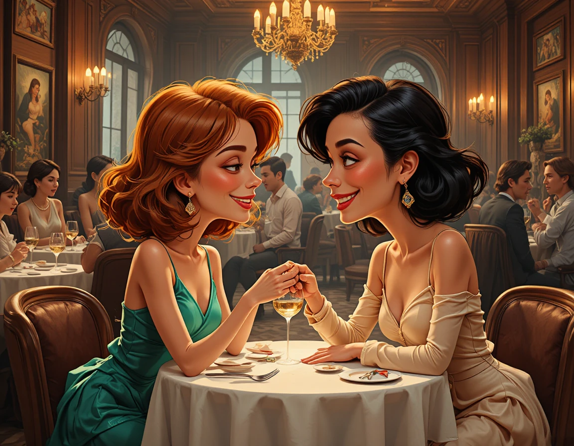 Dos mujeres comparten un momento tierno en un restaurante acogedor