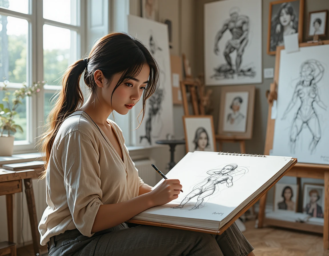 Jovem artista desenhando ao lado da janela ensolarada do estúdio