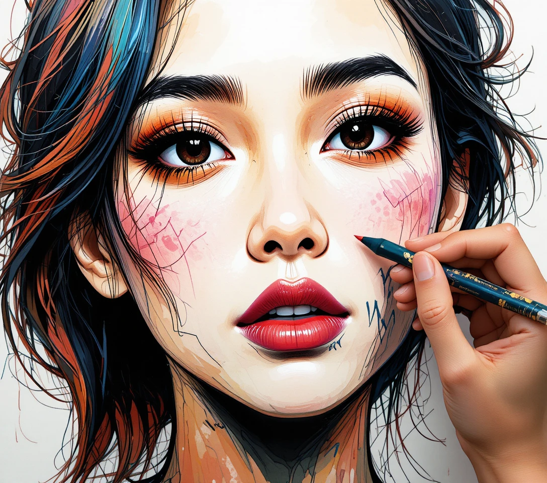 Young woman sketching an Asian girl with dark hair
