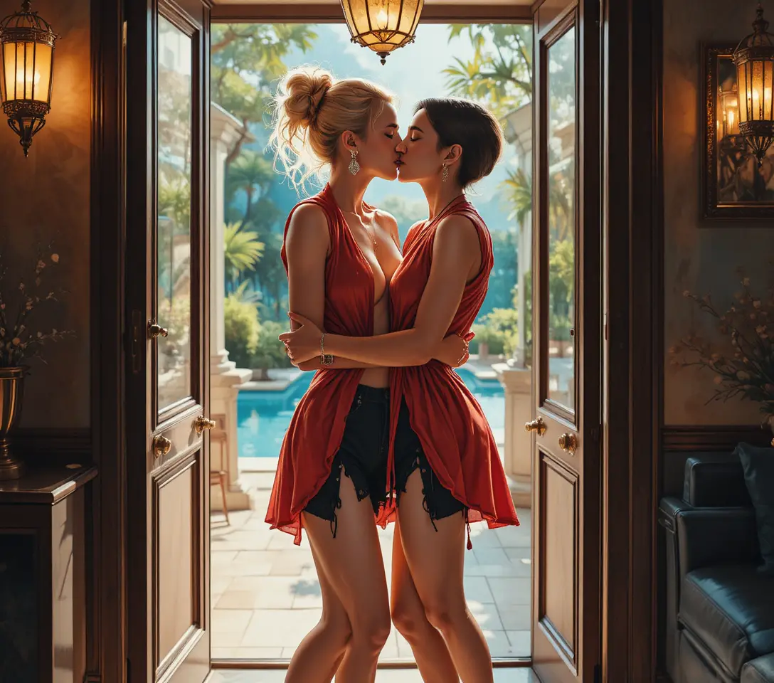 Blonde woman in red leather vest by resort window