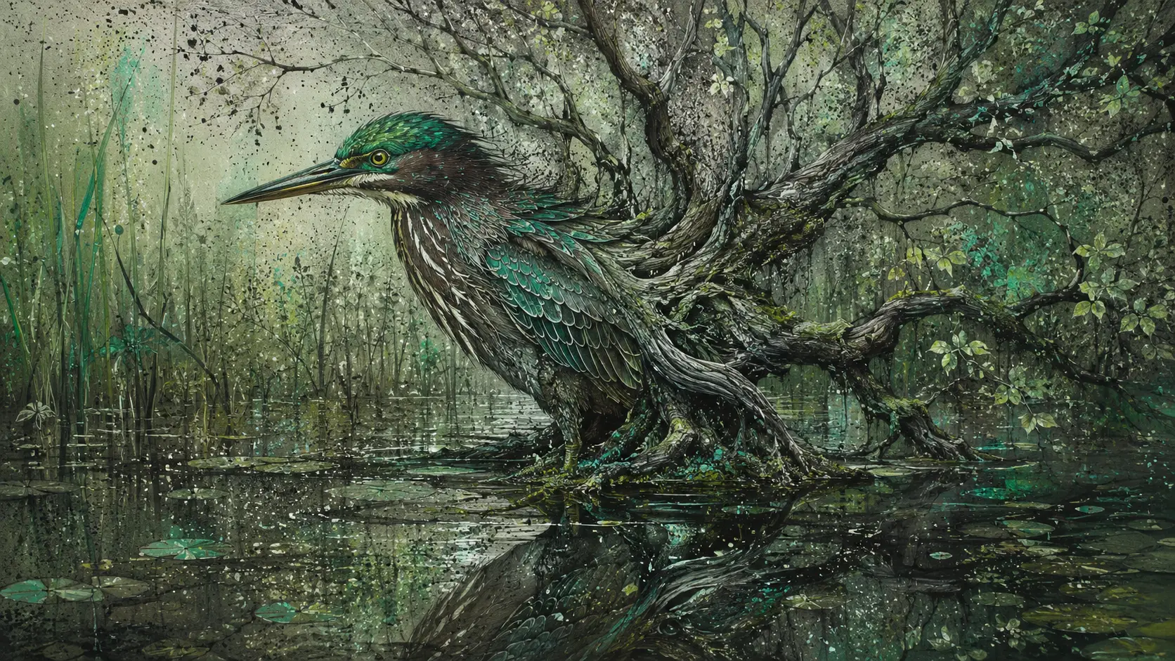 Surrealer Grünreiher, der nahtlos mit einem Sumpfbaum verschmilzt
