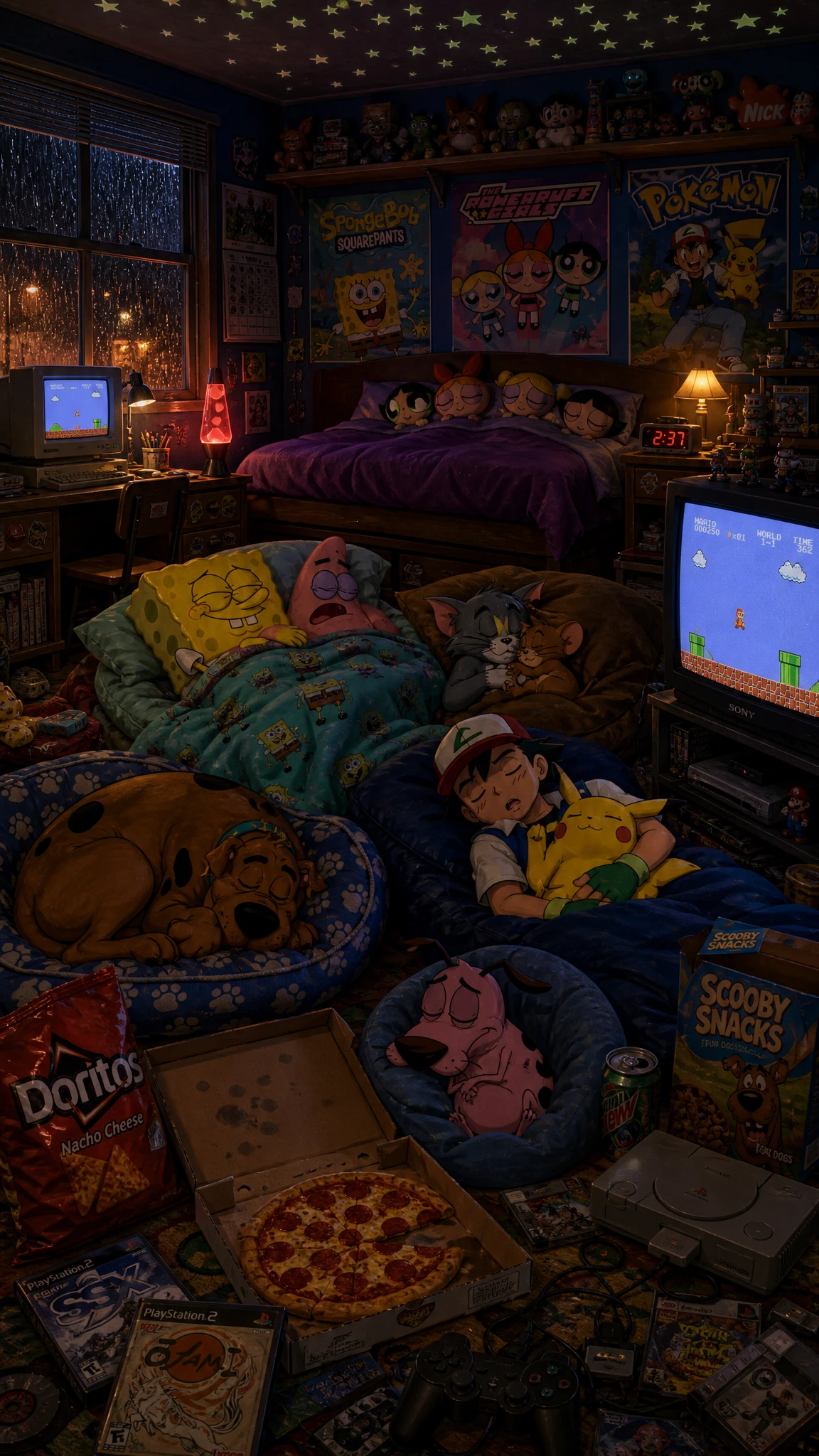 Chambre cosy à thème dessin animé, brillant doucement la nuit