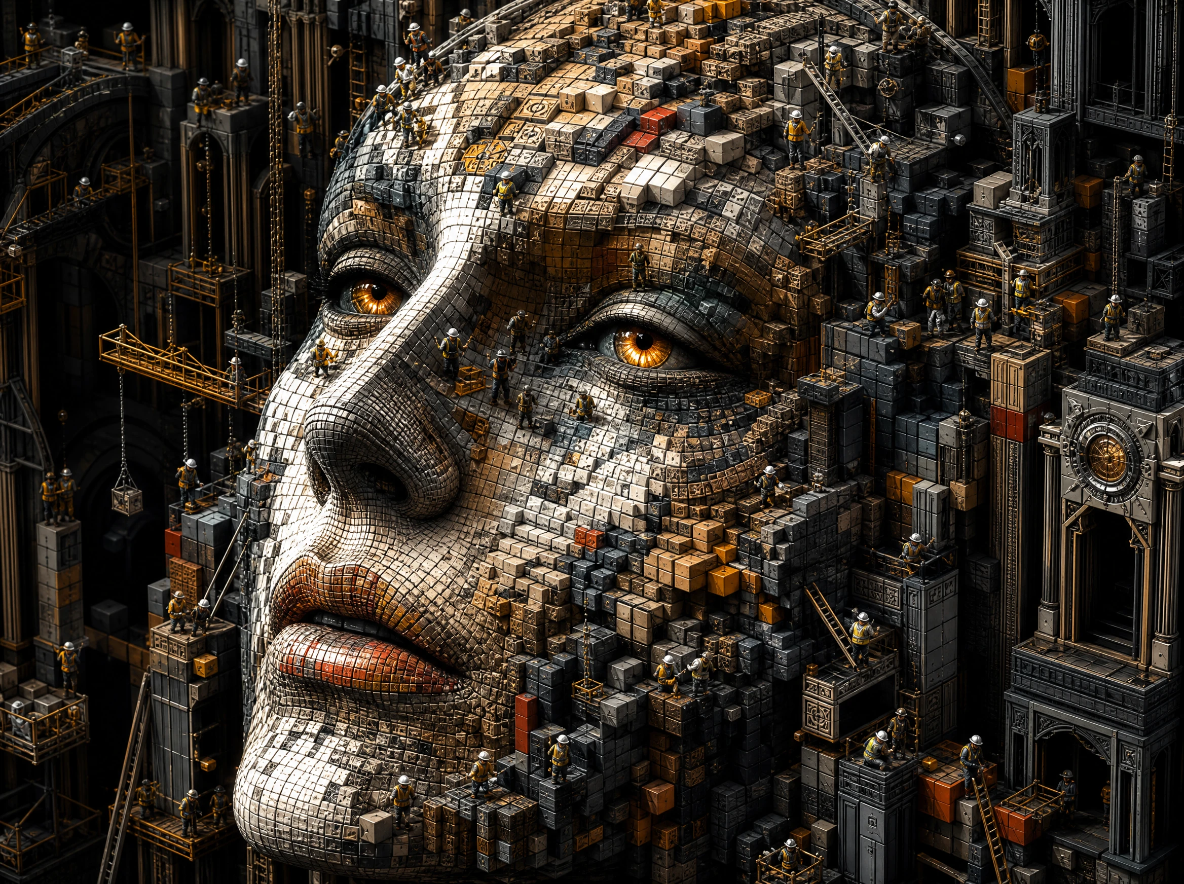 Rosto feminino surreal construído com minúsculos cubos coloridos