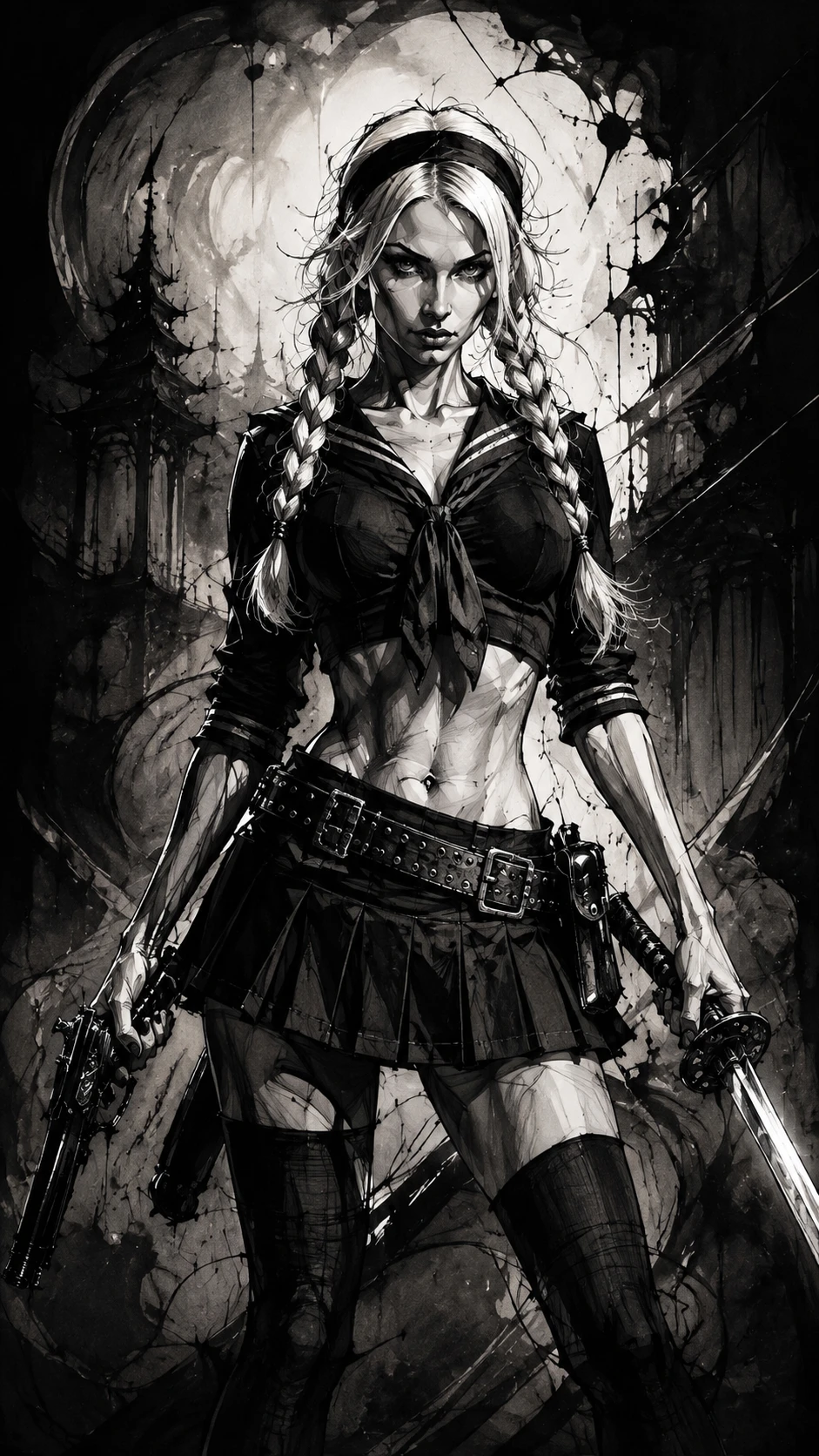 Dark ink drawing with angular distortion and chiaroscuro drama