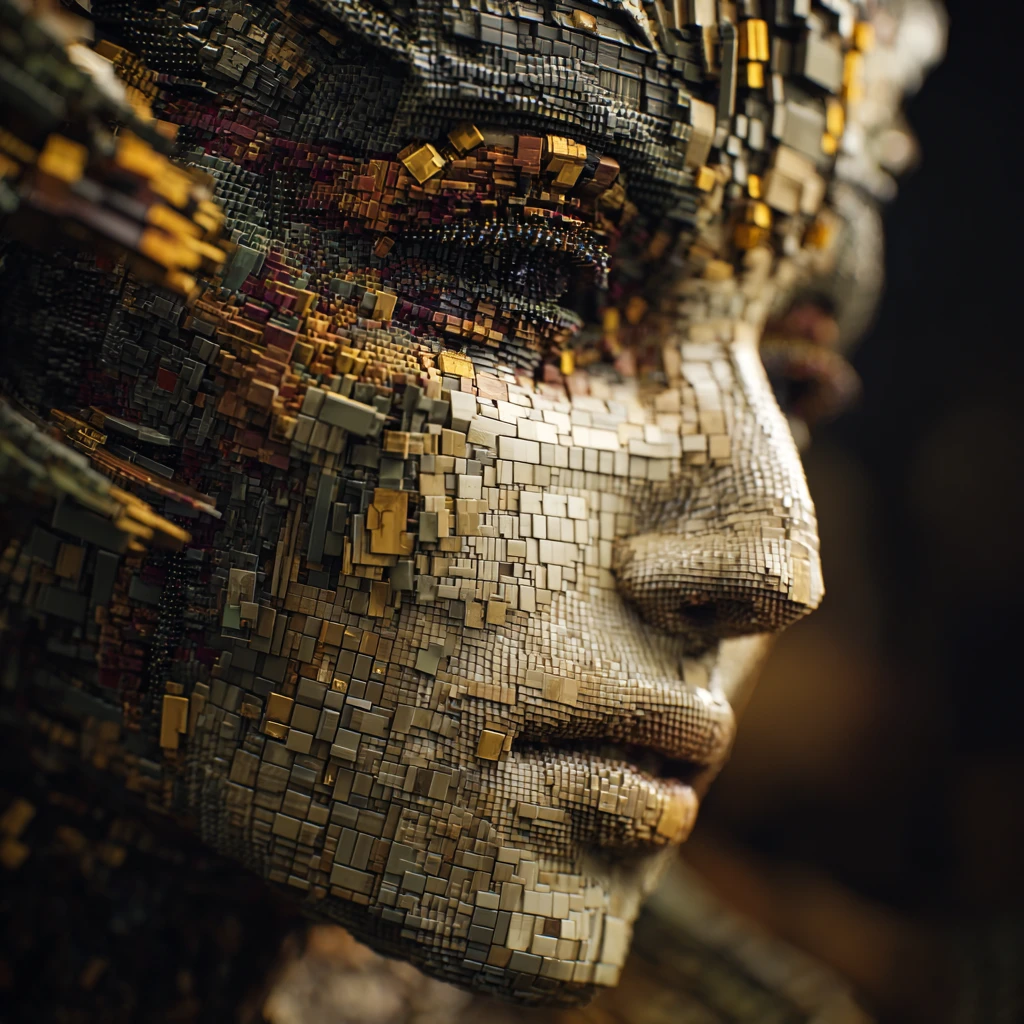 Rosto feminino surreal formado por cubos em close dramático